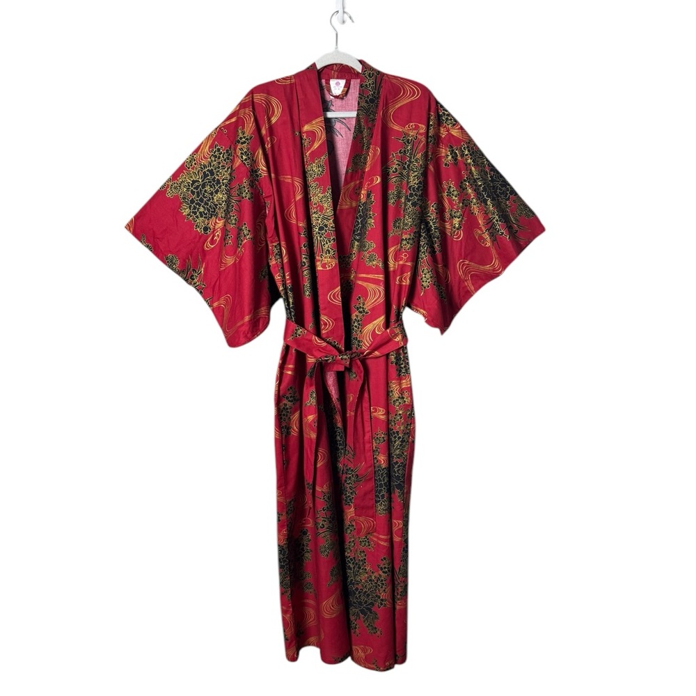 Japanese Women’s Kimono Robe  Made In Japan Medium Long Belt Oriental Red Black